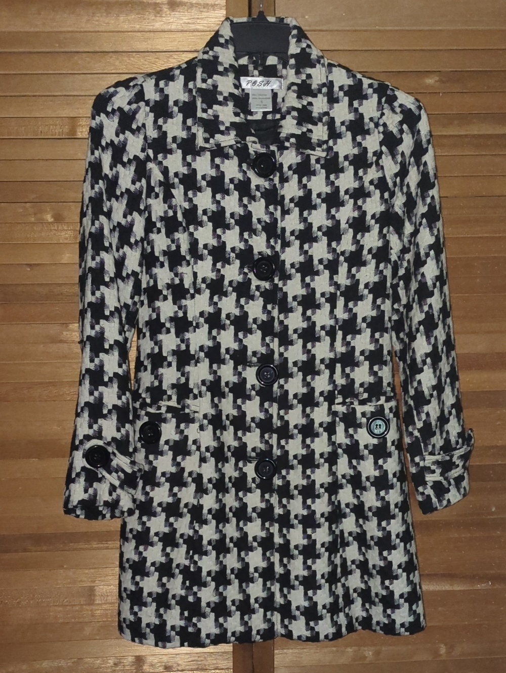 Posh Black and White Houndstooth Pea Coat
